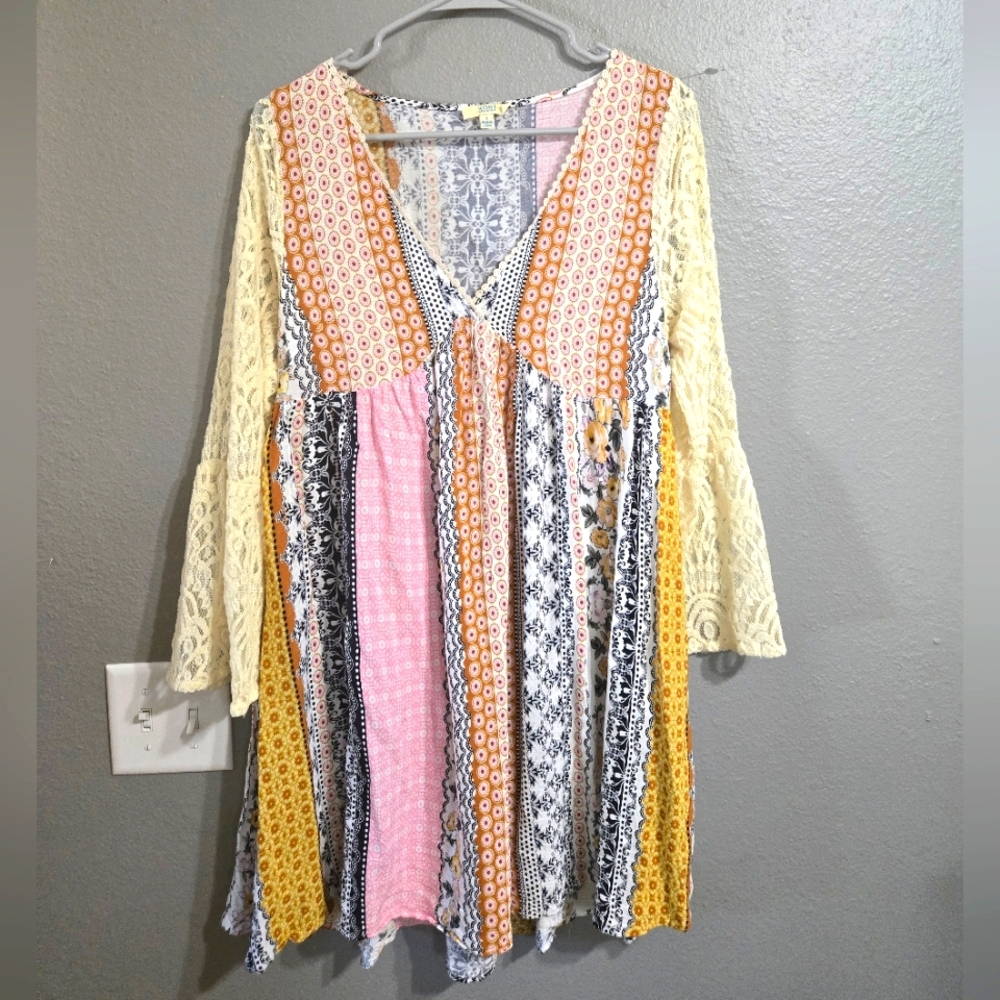 Kori America Mixed Print Baby Doll Boho Dress Size Small